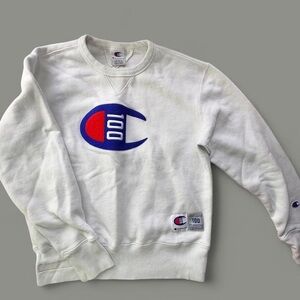 Champion White Crewneck Sweatshirt with Blue & Red Logo Patch